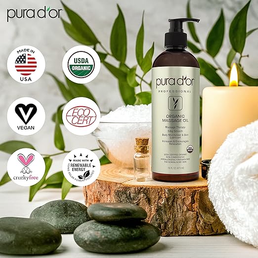 PURA D'OR 16 Oz Organic Massage Therapy Oil USDA Certified Body Moisturizer & Skin Lubricant for Aromatherapy & Relaxation, Silky & Softer Skin (Packaging May Vary)