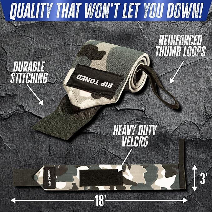 Rip Toned Wrist Wraps for Weightlifting – USPA & USAPL Approved 18" Wrist Straps for Powerlifting – Adjustable, Durable Gym Wraps with Thumb Loop – Quality Support for Men & Women – Gray Camo Flex