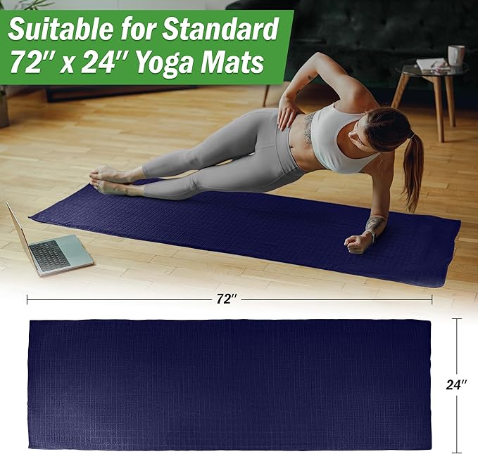 Yoga Mat Towel and Gym Towel Set - 2-Piece Non Slip Set for Hot Yoga, Pilates, and Gym - 72” x 24” Sweat Absorbent and Quick Drying Blanket with Corner Pockets for Mats by Wakeman (Navy)