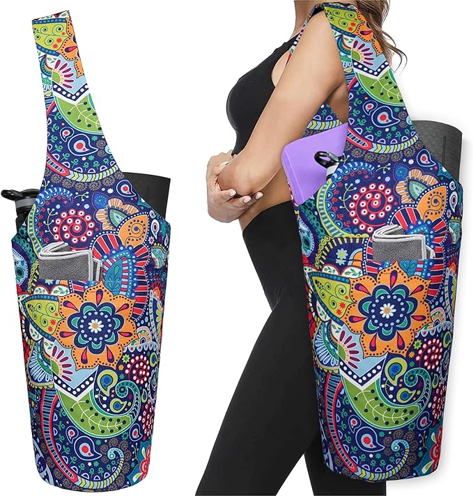 Fashion Printed Yoga Mat Bag with Large Side Pocket & Zipper Pocket Long Tote Yoga Bag Fit Most Size Mats - Holds More Yoga Accessories