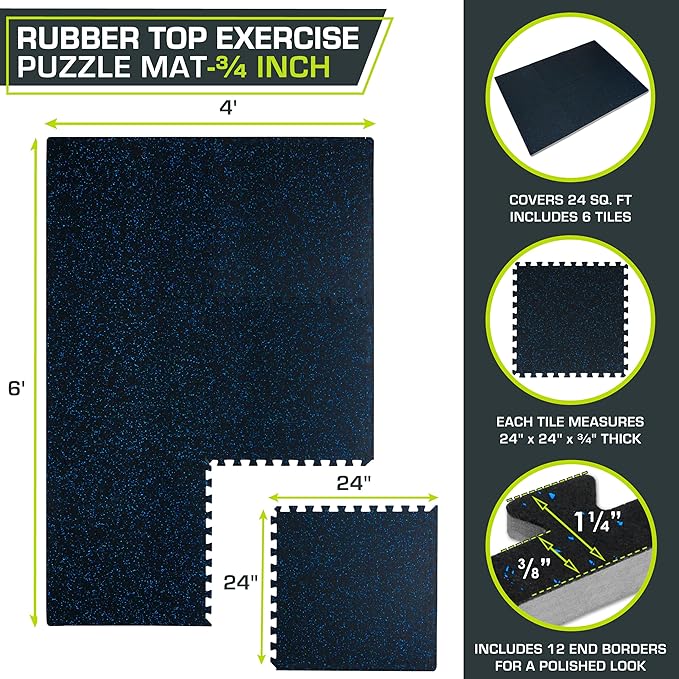 ProsourceFit Rubber Top Exercise Puzzle Mat ½-inch or ¾-inch, EVA Foam Interlocking Tiles for Home Gym Protective Flooring for Equipment and Workouts, Available in 24 SQ FT or 48 SQ FT
