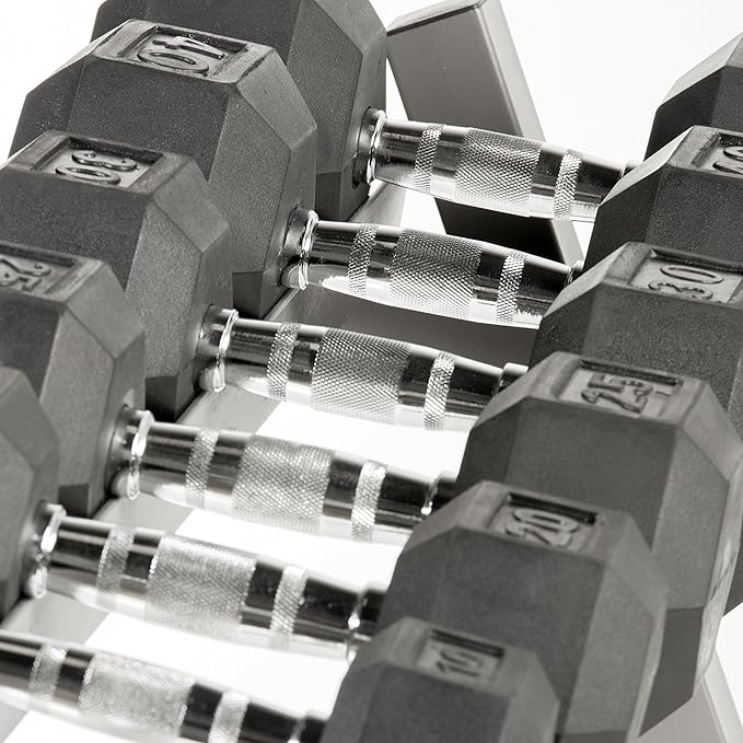 XMARK 3-Tier Dumbbells Weight Storage Rack, Holds 5-50 Pound Hex Dumbbells Weight Set (10 Pairs Capacity), Gray or Black