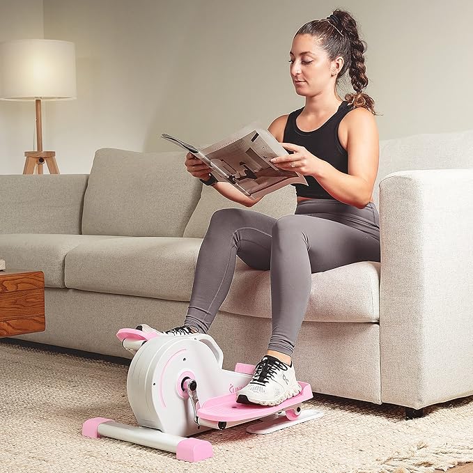Sunny Health & Fitness Under Desk Pedal Elliptical Machine, Adjustable Resistance Leg Exerciser Home Workout While Sitting for Seniors, Optional Motorize or in Pink with SunnyFit App via Bluetooth