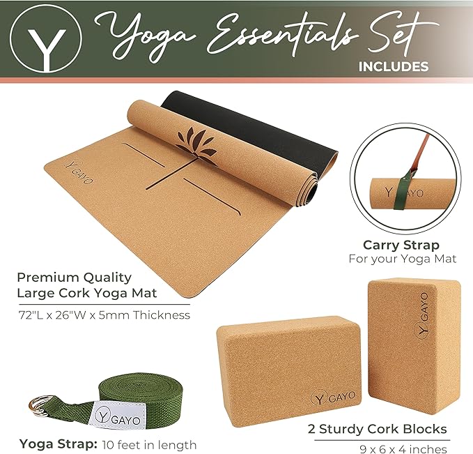 Y O Gayo Premium Cork All-in-One Yoga Essentials Kit -Large Cork Yoga Mat 5mm and Blocks Set with Carry Strap and Alignment lines, 10ft Stretch Strap, Your Ultimate Yoga Starter Set