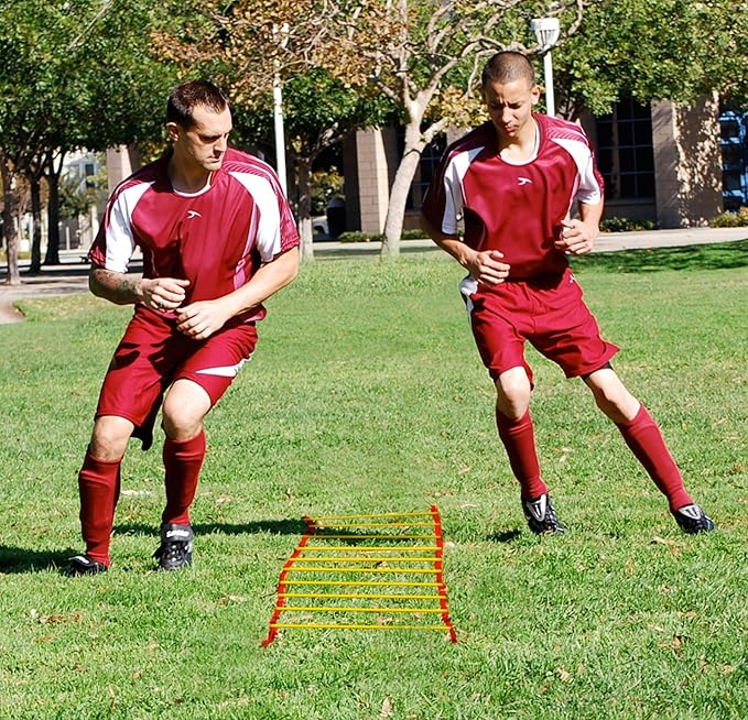 AGORA Pro Agility Training Ladder with Carry Bag - 32 ft Ladder Splits Into Two 16 ft Sections - 24 Adjustable Rungs - Red/Yellow