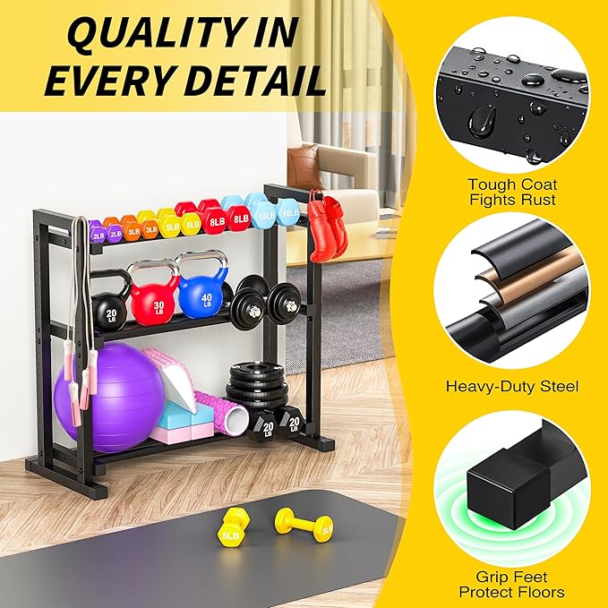 3-Tier Adjustable Dumbbell Rack, Weight Rack for Home Gym Storage, Heavy Duty Weight Stand for Dumbbells, Kettlebells & Free Weights, Space-Saving Dumbbell Rack Stand Only(Up to 450LB Capacity)