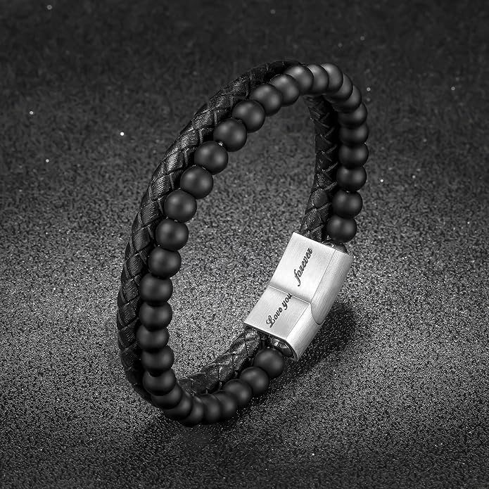 LUXEJEW Gifts for Men - Beaded Leather Bracelet 6mm Matte Agate Stone Bracelets for Men Dad Son Husband Boyfriend Grandpa Grandson Brother Uncle Nephew Adjustable Magnetic Clasp