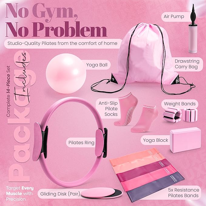 14-Piece Pilates Kit for Home Workouts | Pilates Equipment Workout Set | Resistance Bands | Pilates Ring | Pilates Ball | Yoga Blocks | Home Pilates Kit | Pilates Workout Set | Home Pilates