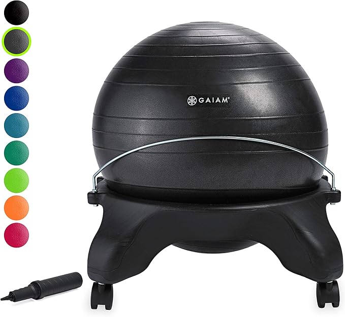 Gaiam Classic Backless Balance Ball Chair – Exercise Stability Yoga Ball Premium Ergonomic Chair for Home and Office Desk with Air Pump, Exercise Guide and Satisfaction Guarantee, Charcoal