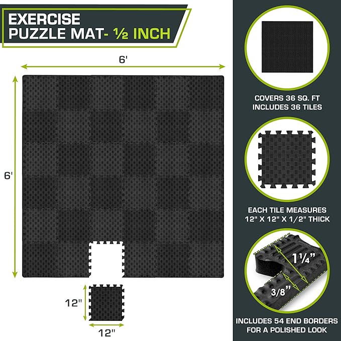 ProsourceFit Exercise Puzzle Mat ½-inch, Checkered EVA Foam Floor Tiles w/ Non-Slip Texture, Gym Mats w/ Interlocking Flooring for Adjustable Surface, Shock Absorbing, Black, 36 SQ FT - 36 Pieces