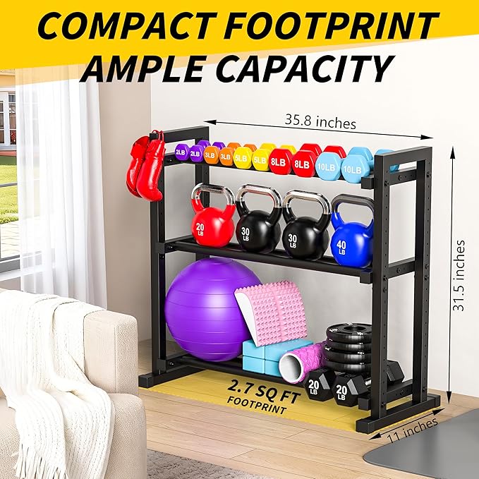 3-Tier Adjustable Dumbbell Rack, Weight Rack for Home Gym Storage, Heavy Duty Weight Stand for Dumbbells, Kettlebells & Free Weights, Space-Saving Dumbbell Rack Stand Only(Up to 450LB Capacity)