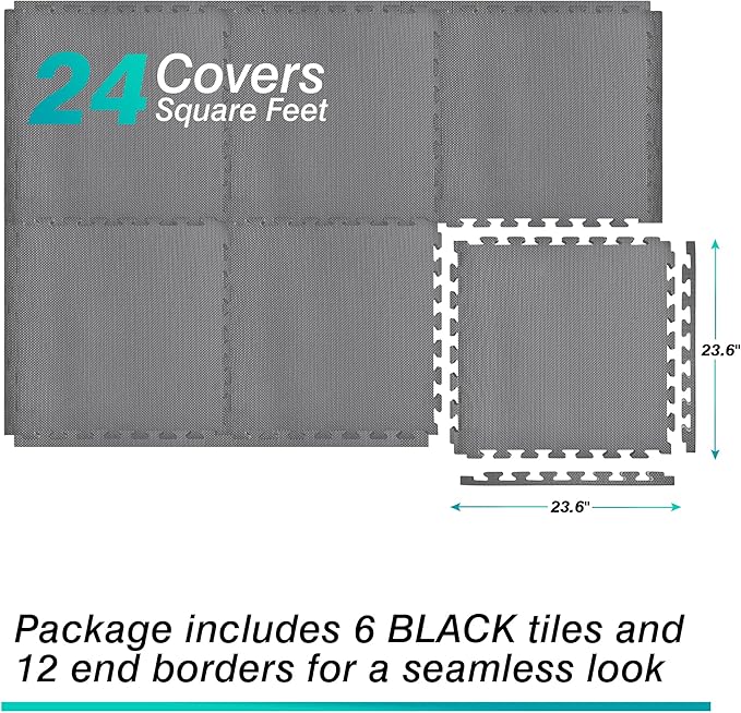Mat Block Interlocking Foam Tiles Puzzle Mats for Floor 24 SQ FT, 1 inch, 6 Tiles, EVA Gym Mat Flooring Exercise Equipment Mat for Home Gym Equipment,APM202GY, Grey