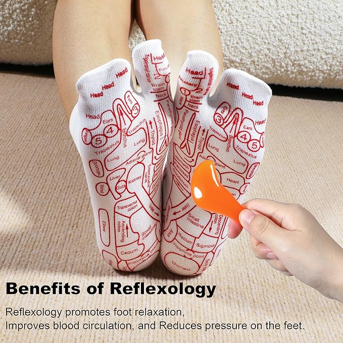 Reflexology Socks with Beginner Acupoint Massage Tools Set of 5 - Foot Pain Relief Remedy for Foot Massage Rod for Women and Men Tired Relieve (Man-Big-Red)