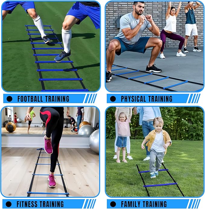 Complete Agility Ladder Training Set - 20ft Speed Ladder, 6 Adjustable Hurdles, 20 Cones, 5 Resistance Bands, 2 Speed Training Parachutes, Jump Rope, Nylon Carry Bag & Stakes