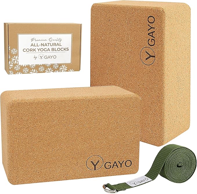 Y O Gayo Premium Cork Yoga Blocks – Durable & Sturdy Natural Cork Yoga Blocks for Stability, Balance, Alignment, Stretching, and Support in Yoga & Pilates