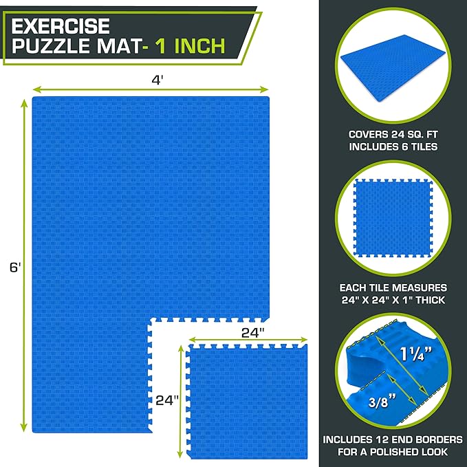 ProsourceFit Exercise Puzzle Mat ½-inch or 1-inch, Checkered EVA Foam Floor Tiles w/Non-Slip Texture, Gym Mat with Interlocking Foam Tiles for Adjustable Surface, Available in 12, 24, or 36 SQ FT