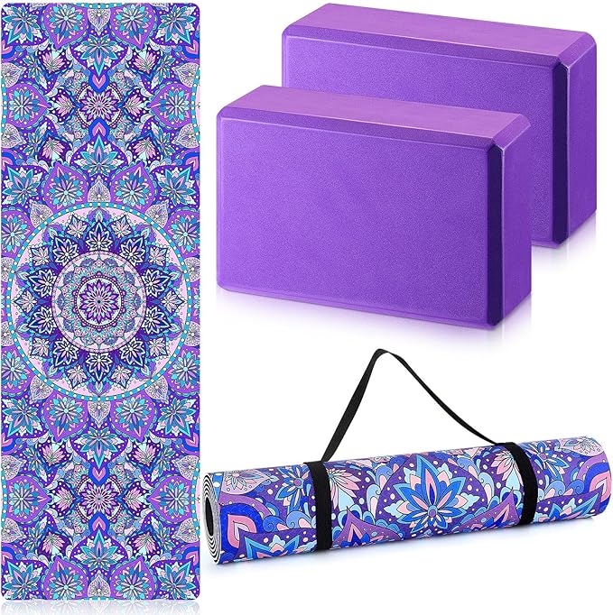 Tinideya 3 Pcs Yoga Mat Yoga Block with Carrying Strap Non Slip Yoga Mat Travel Yoga Mat for Exercise, Yoga, Fitness, Pilates, Floor Workouts, purple