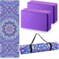 Tinideya 3 Pcs Yoga Mat Yoga Block with Carrying Strap Non Slip Yoga Mat Travel Yoga Mat for Exercise, Yoga, Fitness, Pilates, Floor Workouts, purple