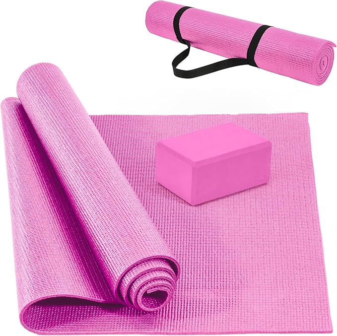 Signature Fitness All Purpose 0.25 Inch Thick High Density No Tear Exercise Yoga Mat with Strap & Lightweight Features for Indoor & Outdoor Use, Pink