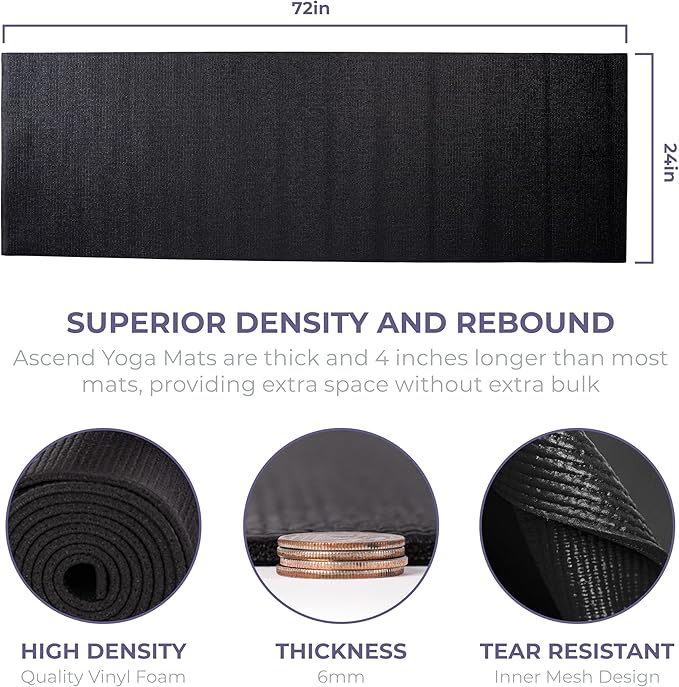 Ascend Yoga Mat - Premium 6mm Thick, 72" x 24", Solid or Reversible Print, Non Slip, Tear Resistant, Workout Mats for Pilates, Home, Studio, Fitness, Gym, Training, Floor Stretching