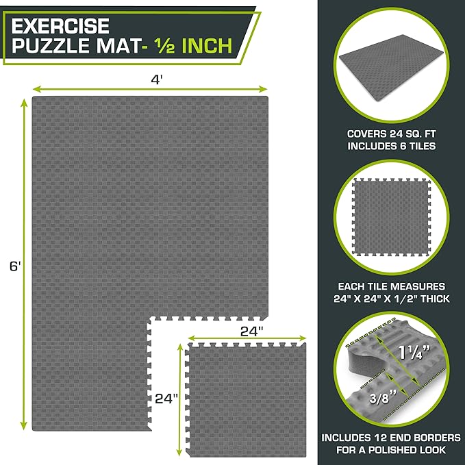 ProsourceFit Exercise Puzzle Mat ½-in, Checkered EVA Foam Floor Tiles w/Non-Slip Texture, Gym Mat w/Interlocking Foam Tiles for Adjustable Surface, Shock Absorbing, Waterproof Gym Flooring, Grey