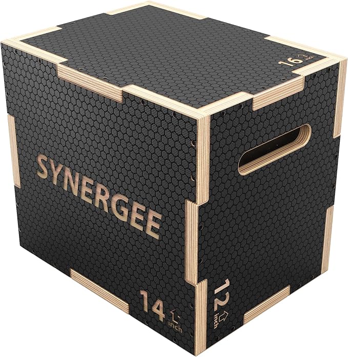 Synergee 3 in 1 Non-Slip Plyometric Box for Jump Training and Conditioning. Wooden Plyo and Soft Plyo Box All In One Jump Trainer. Sizes 20/18/16, 16/14/12