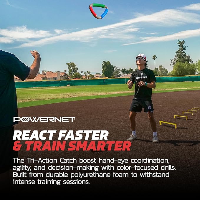 PowerNet Tri-Action Catch, Multi-Color Foam Speed and Agility Training Equipment for Football, Baseball & Softball, Triangle Hand Eye Coordination Training Aid to Improve Reaction Time & Reflexes