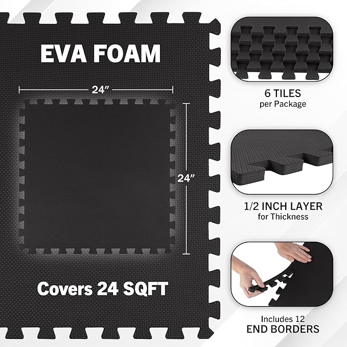 EVA Foam Mat Tiles 6-Pack - 24 SQ FT of Interlocking Padding for Garage, Playroom, or Gym Flooring - Workout Mat or Baby Playmat by Stalwart (Black)