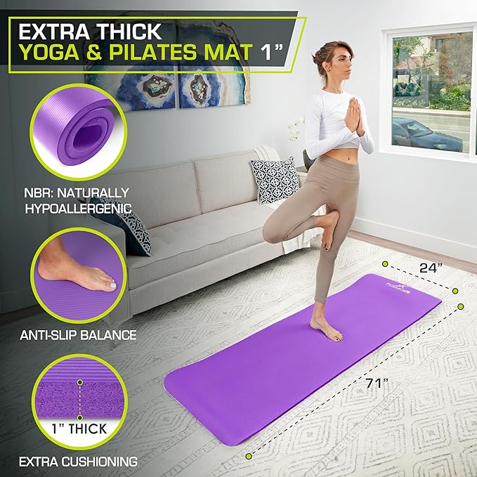 ProsourceFit Extra Thick Yoga and Pilates Mat ½” (13mm) or 1" (25mm), 71-inch Long High Density Exercise Mat with Comfort Foam and Carrying Strap