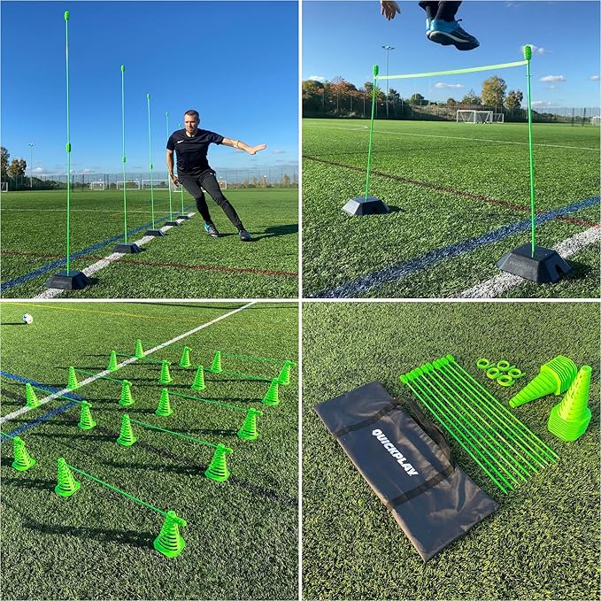 QUICKPLAY PRO Speed + Agility Set, Multi-Sport Training Agility Poles | Cones | Speed Hurdles | Soccer Tennis | Crowd Barrier