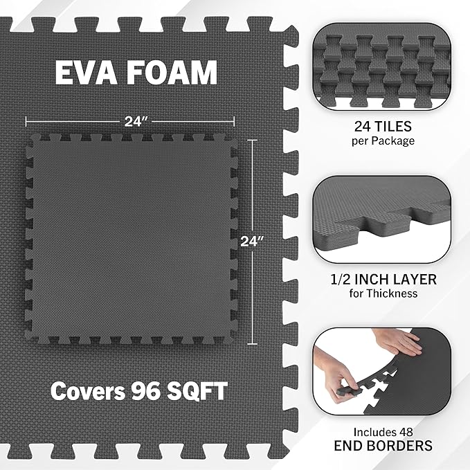 EVA Foam Mat Tiles 24-Pack - 96 SQ FT of Interlocking Padding for Garage, Playroom, or Gym Flooring - Exercise Mat or Baby Playmat by Stalwart (Gray)