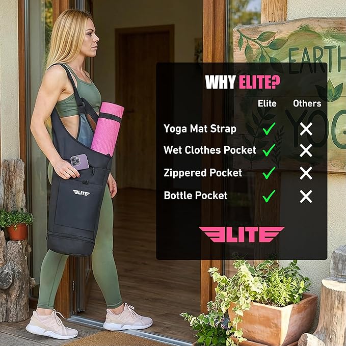 Elite Yoga Mat Bag for Women & Men, Yoga Gym Bag with Wet Pocket, Bottle & Zipper Pockets, Yoga Workout Essentials Carrier Yoga Bag with Mat Straps, Adjustable Shoulder Straps Carry on Sports Bag