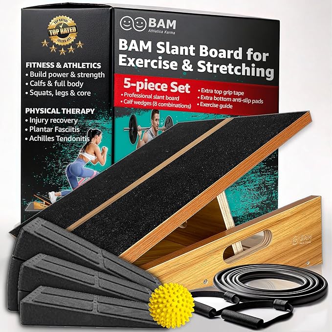 BAM Athletica Slant Boards for Exercise – Adjustable Wooden Calf Stretcher Incline Board for Calf Stretching, Squats, Physical Therapy, Plantar Fasciitis, Knee, Foot & Ankle Rehab, Velour Slant Board