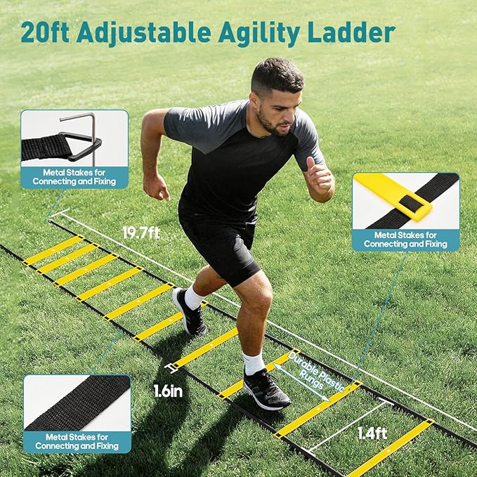 OLIXIS Soccer Agility Training Equipment Set- 20 ft Speed Ladder, 12 Soccer Cones, 4 Agility Hurdles, Jump Rope, Resistance Parachute Speed Training Equipment for Kids, Youth, Adults