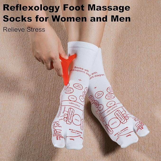 Reflexology Socks with Beginner Acupoint Massage Tools Set of 5 - Foot Pain Relief Remedy for Foot Massage Rod for Women and Men Tired Relieve (Woman-Small-Red)