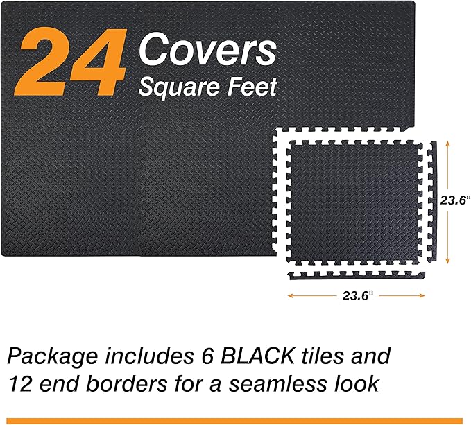 TCE AUPM001BK Interlocking Foam Mat Protective Exercise Workout Puzzle Floor Mat Tiles for Home Gym Equipment - 6 Pieces, 24 Square feet, Black