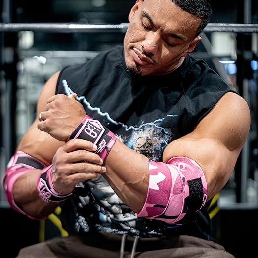 Elbow Wraps for Weightlifting - Heavy Duty Construction, 25% More Elasticity, Reinforced Stitching, Extra Wide Fastener, Easy to Adjust, (Digital Pink)