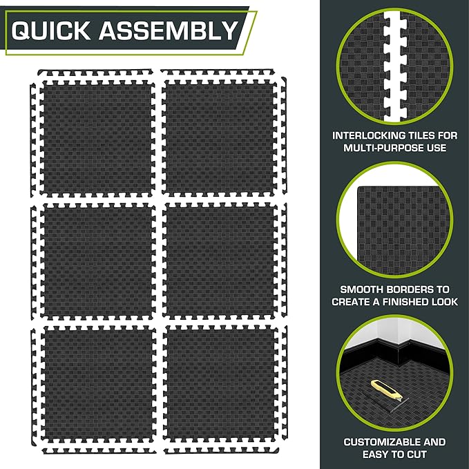 ProsourceFit Exercise Puzzle Mat ½-in, Checkered EVA Foam Floor Tiles w/Non-Slip Texture, Gym Mat w/Interlocking Foam Tiles for Adjustable Surface, Shock Absorbing, Waterproof Gym Flooring, Black
