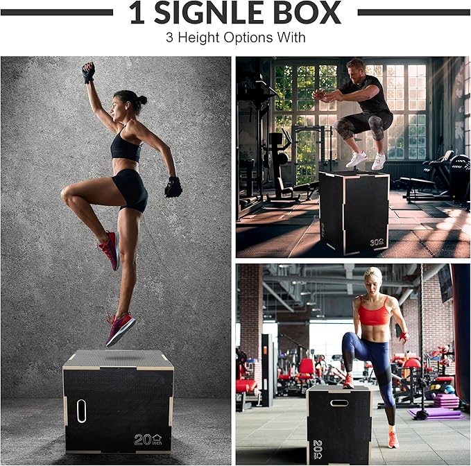 Fitvids 3 in 1 Non-Slip Wooden Plyo Box Jump Exercise Platform, Plyometric Workout Equipment for Home Gym, Training Step Box, Black, Multiple Sizes