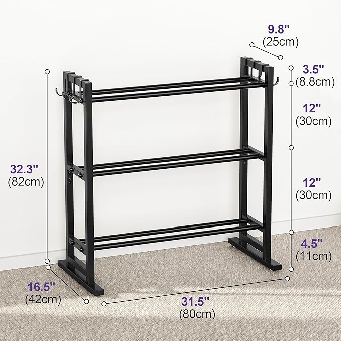 niffgaff 3 Tier Adjustable Dumbbell Rack with Hooks, Extended Base Weight Storage for Home Gym – Holds Up to 450 lb, Space-Saving Fitness Equipment Organizer (Rack Only)