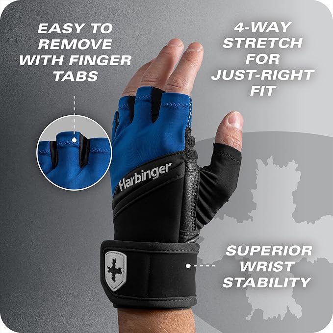 Harbinger Training Grip Wrist Wrap Gloves - Enhanced Grip & Wrist Support, Breathable Lycra Back, Padded Leather Palm, Half-Finger Design, Quick Pull Tabs - Ideal for Weightlifting, Gym - Men's