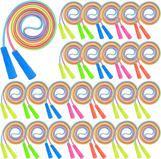 24 Pack Kids Jump Rope, Colorful Gradient Nylon Skipping Ropes for Children, 7.55FT Adjustable Length, Plastic Handles, Lightweight Kids Exercise Ropes for Schools, Events, and Family Fun