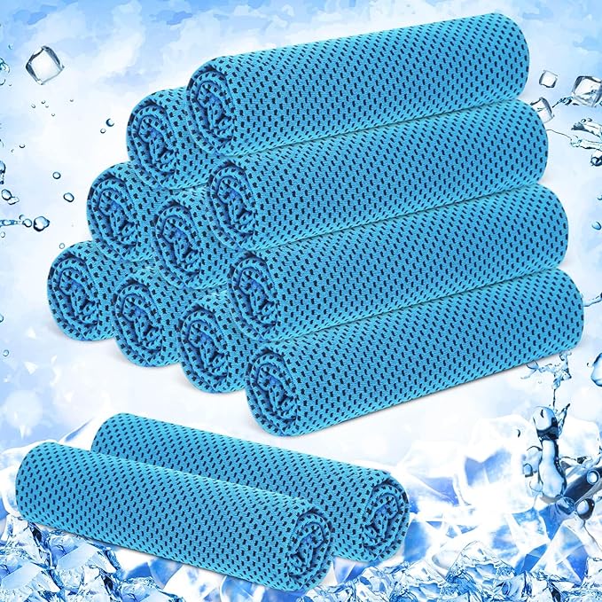 Hosuly 12 Pieces Cooling Towels for Hot Weather Soft Breathable Cold Towel Yoga Towels for Sweat, Sports, Workout, Fitness, Gym, Running, Travel Camping, 12 x 40 Inch (Light Blue)