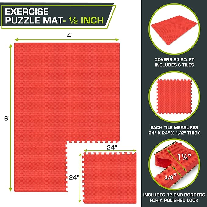ProsourceFit Exercise Puzzle Mat ½-in, Checkered EVA Foam Floor Tiles w/Non-Slip Texture, Gym Mat w/Interlocking Foam Tiles for Adjustable Surface, Shock Absorbing, Waterproof Gym Flooring, Red