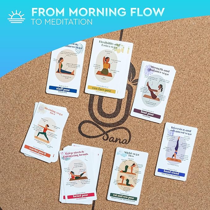 Natural Cork Yoga Mat with Alignment Lines and 55 Instructional Cards in 7 Themes for Beginner - Non-Slip Eco Friendly - 183x66x5mm for Home Workouts, Balance & Precision