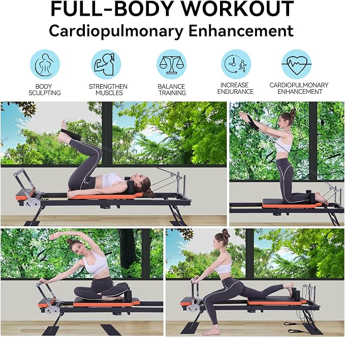 Pilates Reformer,Foldable Pilates Machine for Home Use and Gym Workout,Suitable for Advanced and Beginners Users ,Pilates Equipment with 4 Springs&5 Resistance Cords