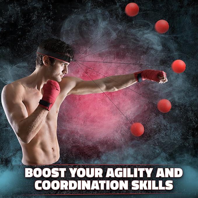 Boxing Reflex Balls Set - 4 Same Weight Color Balls, 2 Adjustable Headbands for Reaction Time Training, Hand-Eye Coordination, Hand Speed and Focus | Beginner to Advanced Drills, Boxing Training Kit