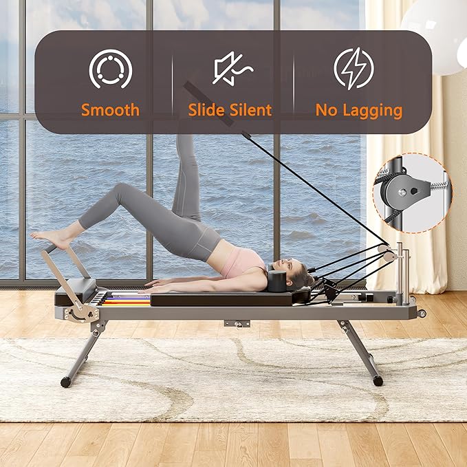 Pilates Reformer Machine for Home Gym, Foldable Pilates Machine Equipment with High Strength Alloy Springs for All Level Users, Up to 330lbs