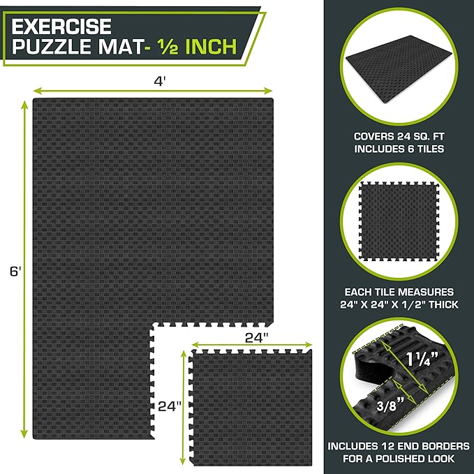ProsourceFit Exercise Puzzle Mat ½-in, Checkered EVA Foam Floor Tiles w/Non-Slip Texture, Gym Mat w/Interlocking Foam Tiles for Adjustable Surface, Shock Absorbing, Waterproof Gym Flooring, Black