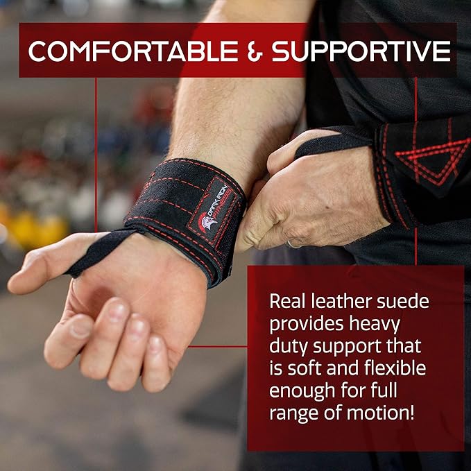 Dark Iron Fitness Wrist Straps for Weightlifting, Heavy Duty Gripping Suede Leather Bands for Men & Women, Support Wraps Gloves Alternative for Power Lifting Weight Strength Training Workouts